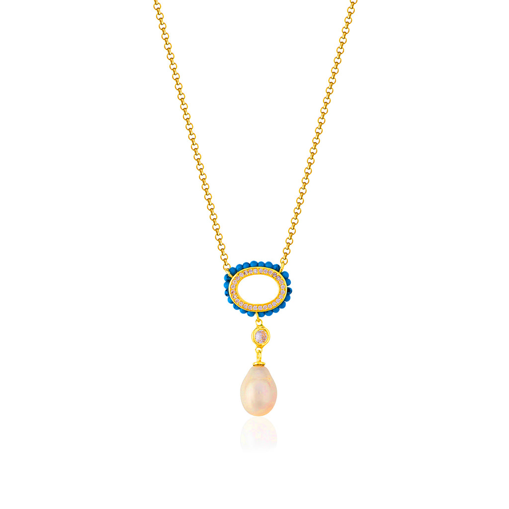 Pearl Turquoise Frame Gold Plated Necklace 925 Crt Sterling Silver Wholesale Turkish Jewelry