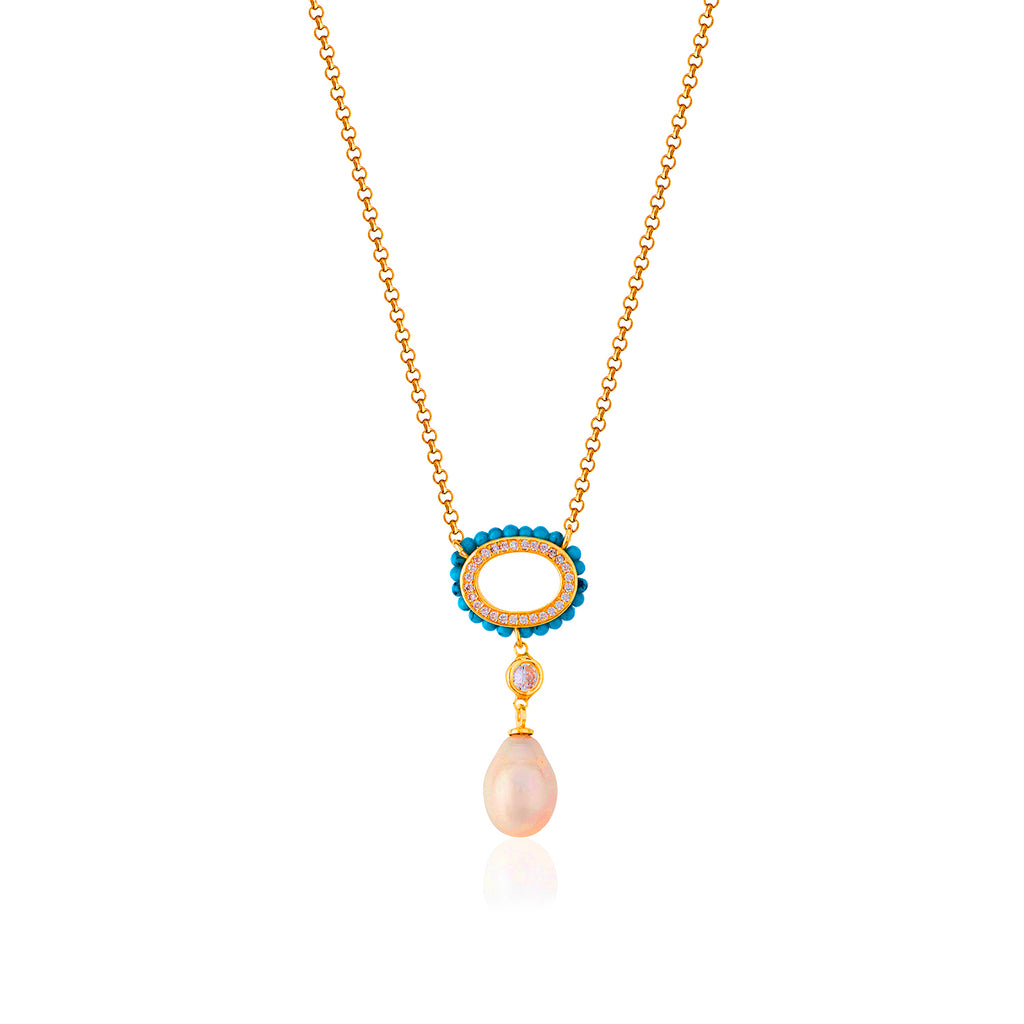 Pearl Turquoise Frame Gold Plated Necklace 925 Crt Sterling Silver Wholesale Turkish Jewelry