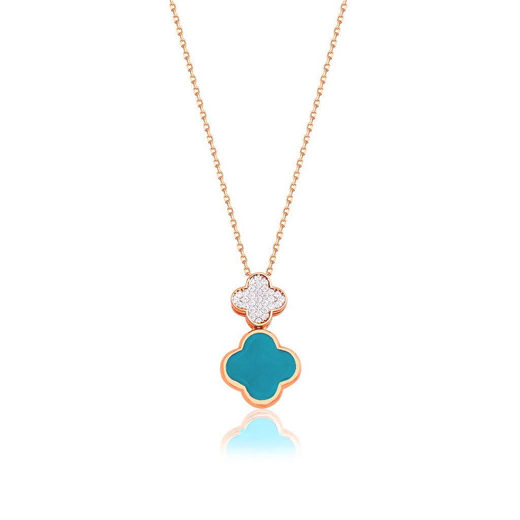 Gold Plated Fashionable Cubic Zirconia Turquoise Enamel Double Clover Necklace 925 Crt Sterling Silver Wholesale Turkish Jewelry
