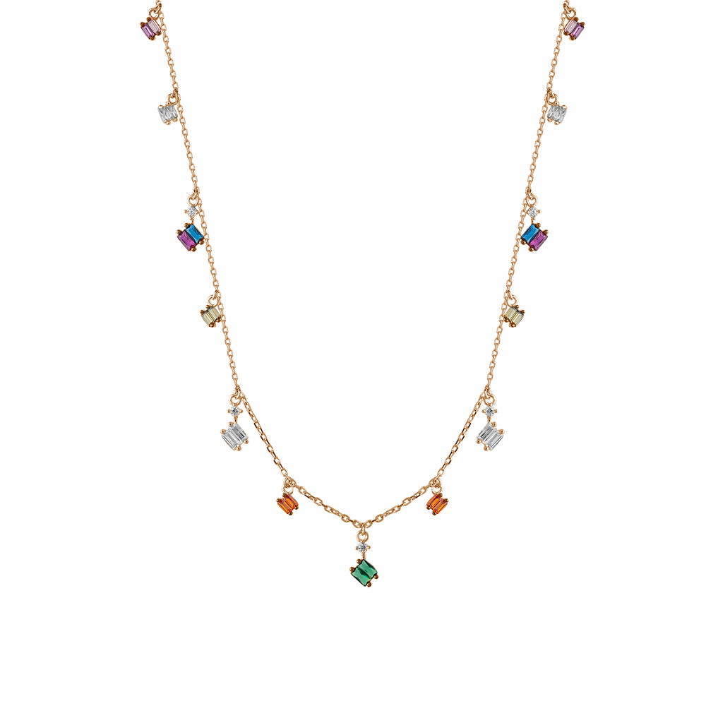 Colorful Baguette Zirconia Hanging Gold Plated Necklace 925 Crt Sterling Silver Wholesale Turkish Jewelry