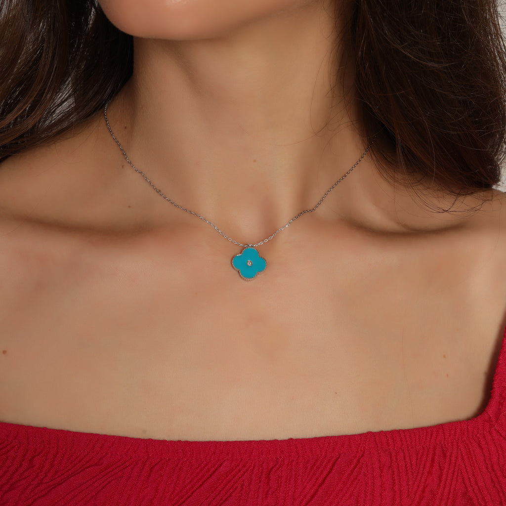 Gold Plated Fashionable Turquoise Enamel Zirconium Clover Necklace 925 Crt Sterling Silver Wholesale Turkish Jewelry
