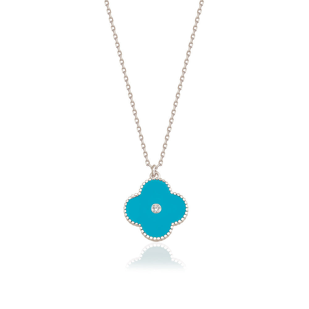 Gold Plated Fashionable Turquoise Enamel Zirconium Clover Necklace 925 Crt Sterling Silver Wholesale Turkish Jewelry