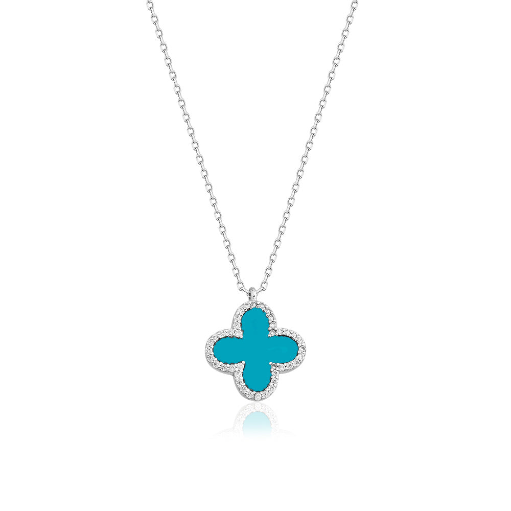 Gold Plated Fashionable Turquoise Enamel Zirconia Frame Clover Necklace 925 Crt Sterling Silver Wholesale Turkish Jewelry