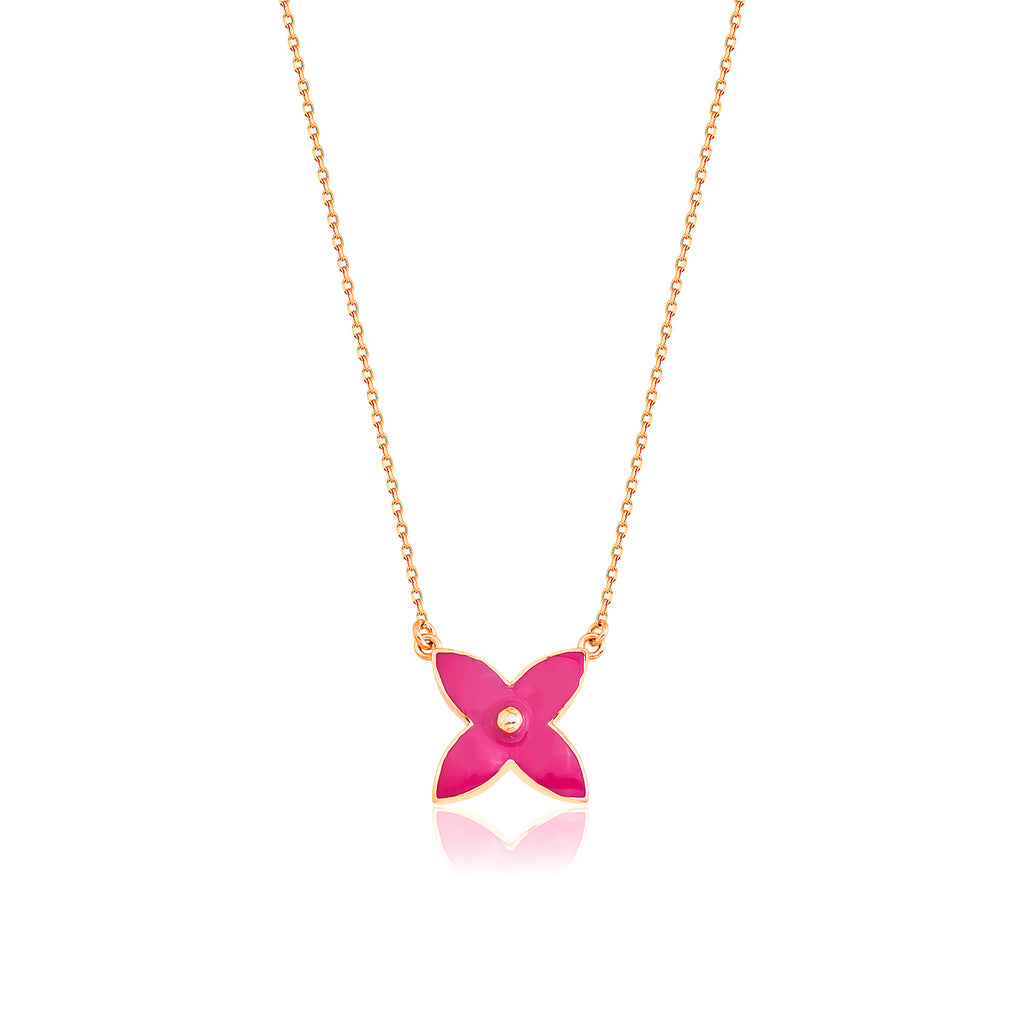 Gold Plated Fashionable Pink Enamel Clover Lucky Necklace 925 Crt Sterling Silver Wholesale Turkish Jewelry