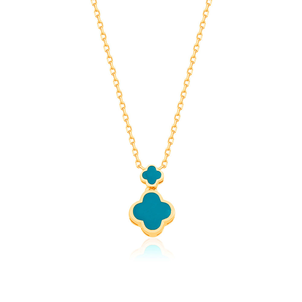 Gold Plated Fashionable Turquoise Enamel Double Clover Necklace 925 Crt Sterling Silver Wholesale Turkish Jewelry