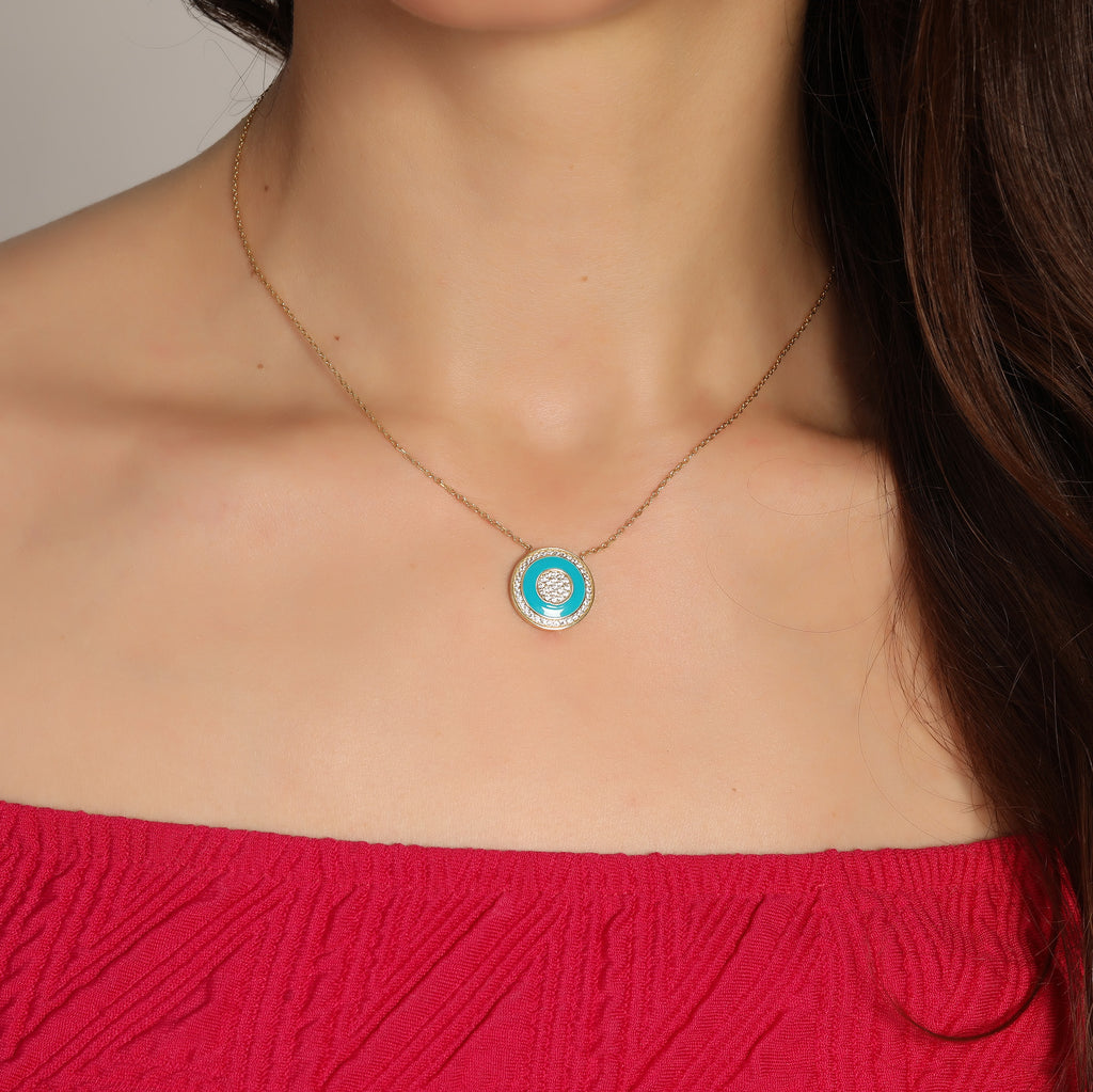 Gold Plated Fashionable Cubic Zirconia Turquoise Enamel Round Necklace 925 Crt Sterling Silver Wholesale Turkish Jewelry