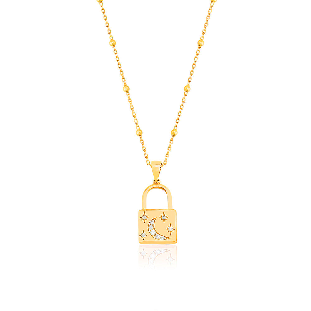Gold Plated Fashionable Zirconia Moon-Star Lock Pendant Necklace 925 Crt Sterling Silver  Wholesale Turkish Jewelry