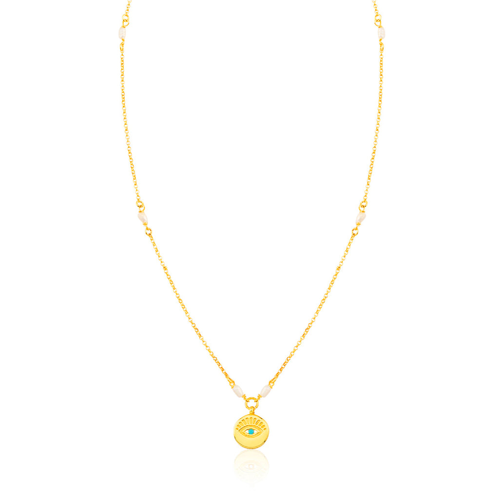 Evil Eye Coin With Pearl Chain Gold Plated Necklace 925 Crt Sterling Silver  Wholesale Turkish Jewelry