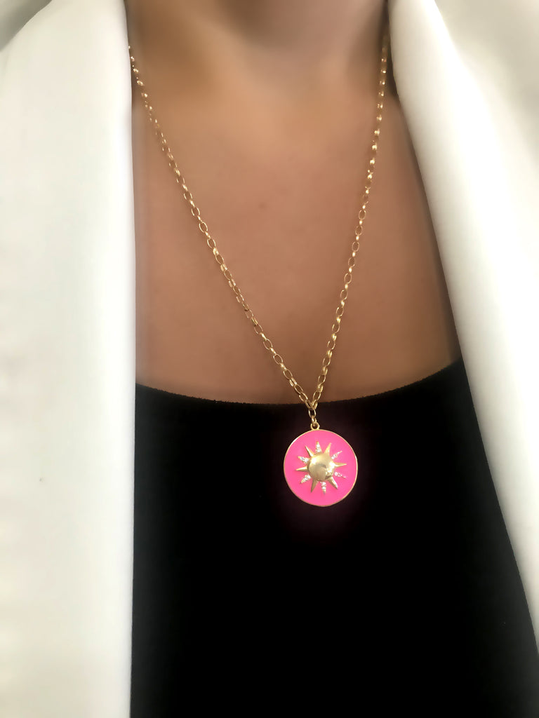 Pink Enamel Sun Medallion Gold Plated Necklace Wholesale Turkish 925 Crt Sterling Silver Jewelry