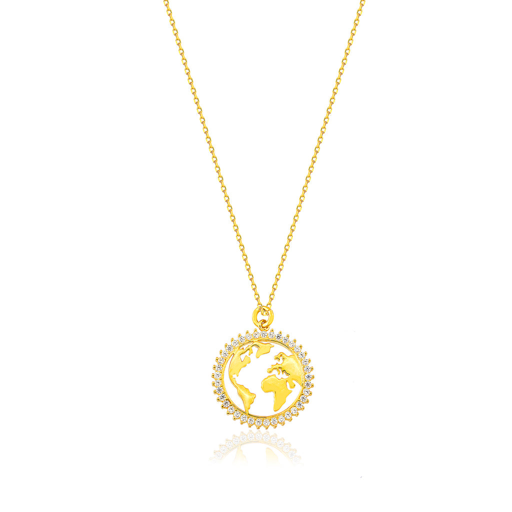 Zirconia World Map Medallion Gold Plated Necklace Wholesale Turkish 925 Crt Sterling Silver Jewelry