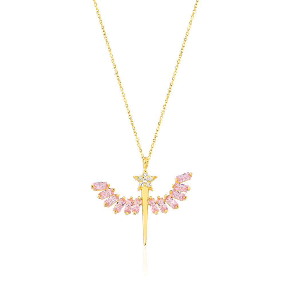 Star Sword Zirconia Pink Wings Gold Plated Necklace Wholesale Turkish 925 Crt Sterling Silver Jewelry