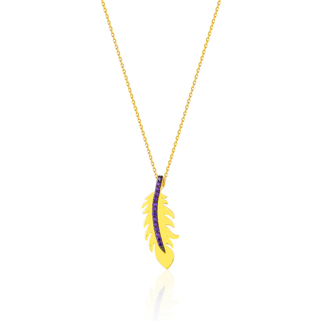 Gold Plated Trendy Purple Zirconia Feather Necklace 925 Crt Sterling Silver Wholesale Turkish Jewelry