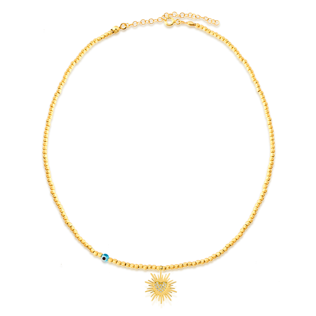 Zirconia Sun Heart Bead Chain Choker Gold Plated Necklace Wholesale Turkish 925 Crt Sterling Silver Jewelry