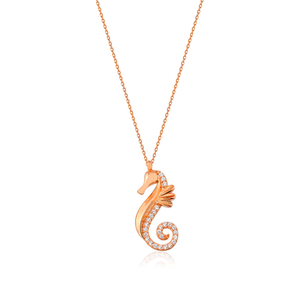 Zirconia Seahorse Gold Plated Necklace Wholesale Turkish 925 Crt Sterling Silver Jewelry