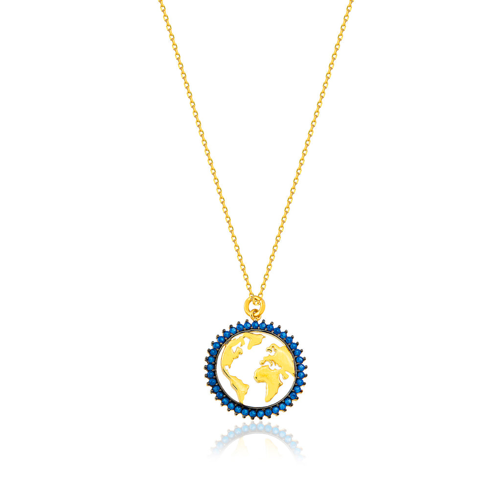 Gold Plated Trendy Blue Zirconium World Map Medallion Necklace 925 Crt Sterling Silver  Wholesale Turkish Jewelry