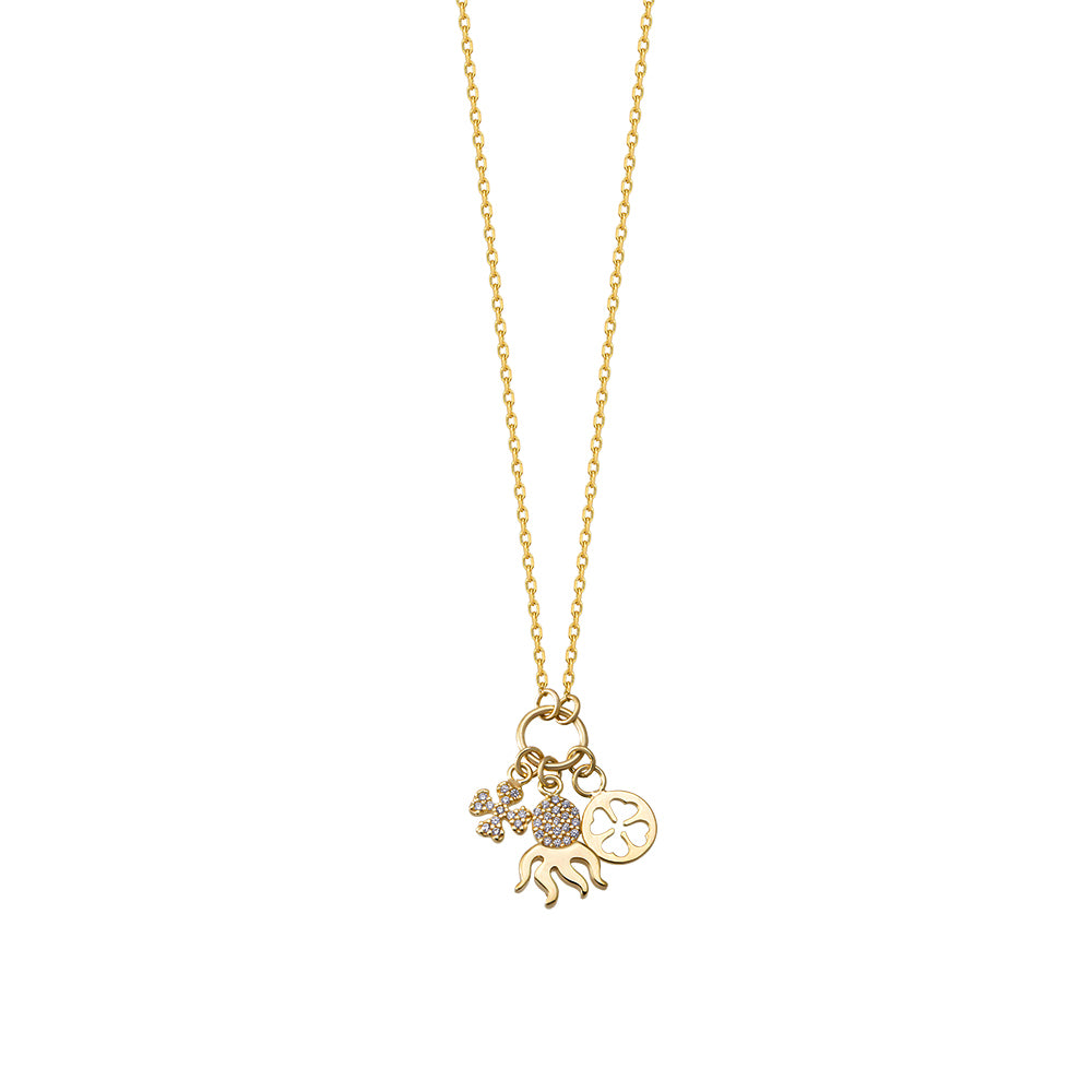 Clover Octopus Charm Necklace 925 Crt Sterling Silver Gold Plated Wholesale Turkish Jewelry
