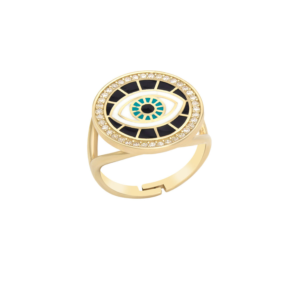 Trendy Black Turquoise Medallion Evil Eye Gold Plated Adjustable Ring 925 Crt Sterling Silver Wholesale Turkish Jewelry