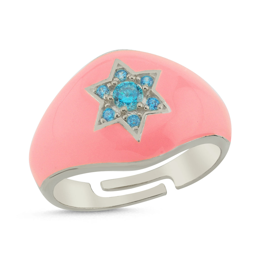 Trendy Pink Enamel Aquamarin Zirconia Star Ring 925 Crt Sterling Silver Gold Plated Handcraft Wholesale Turkish Jewelry